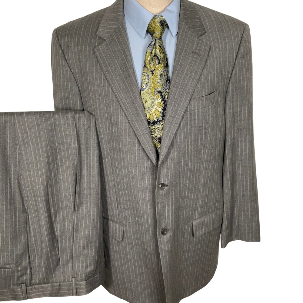 Stafford Executive‎ Suit Mens 44L 37W 31L Gray Pinstripe Wool Barberis Canonico
